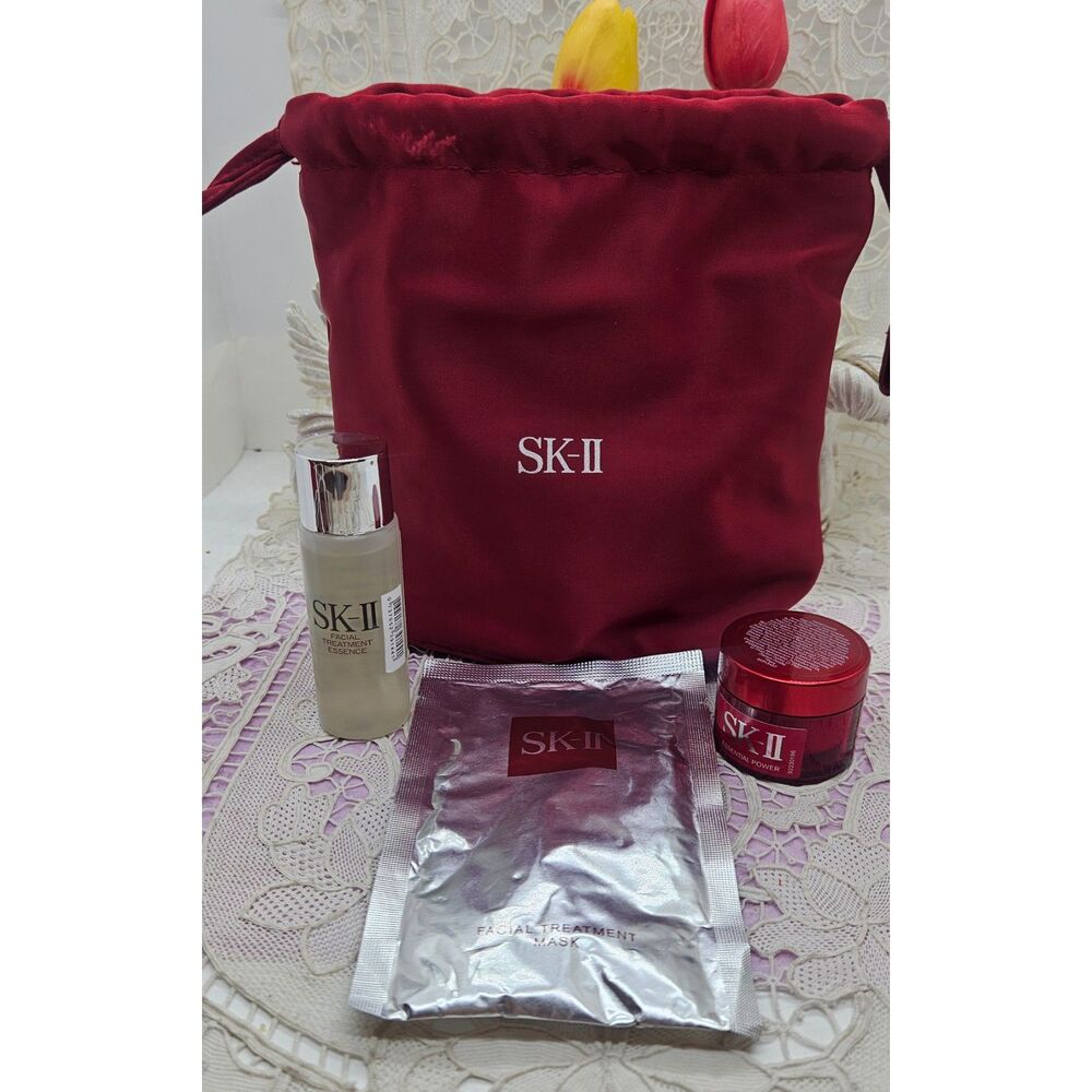 SK-II Treatment Essence Mask & Power Cream Travel Set in Satin SK-II Bag New